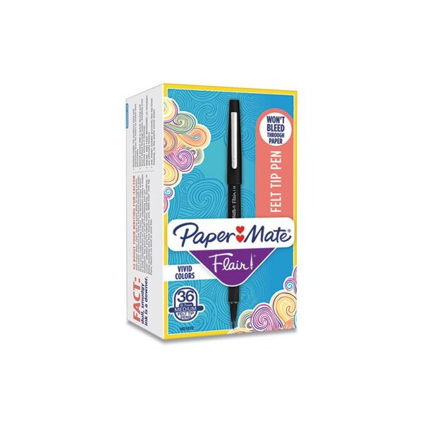 Sanford Paper Mate, POINT GUARD FLAIR STICK POROUS POINT PEN, BOLD 1.4MM, BLACK INK/BARREL, 36PK 1921070 - main